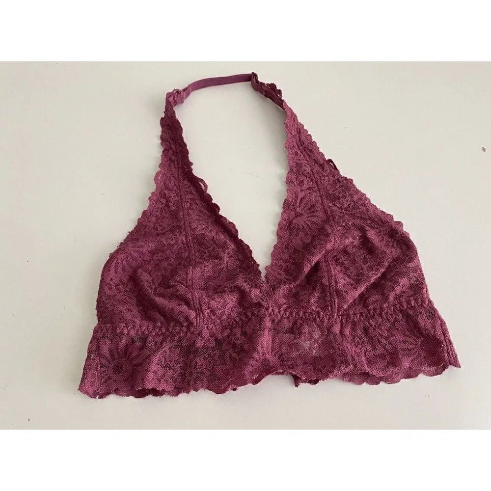 PINK Victoria’s Secret BRALETTE Sz XS Burgundy Halter‎ Lace Unlined Bra